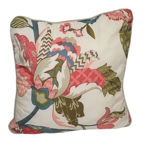 Jacobean Printed Decorative Throw Pillow Floral Chevron Dots Teal Pink White